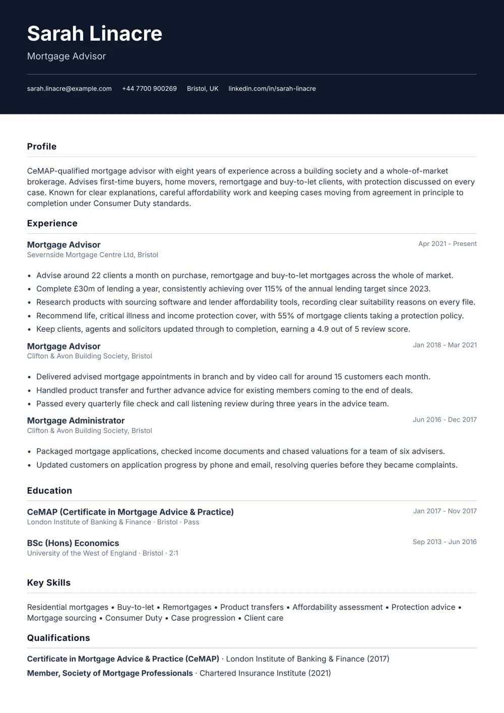 mortgage advisor cv template
