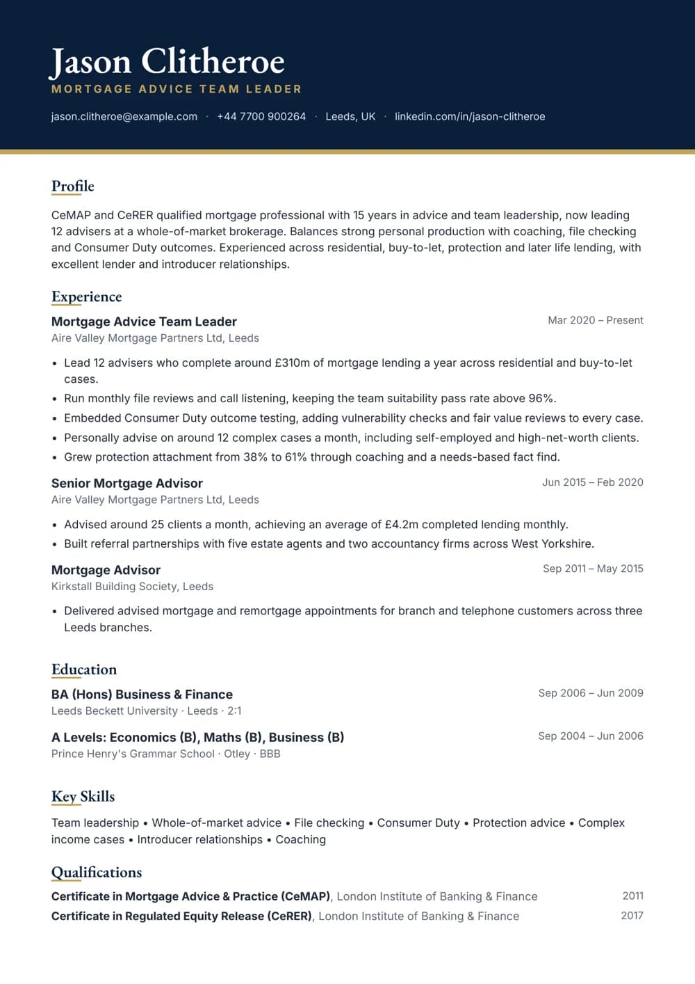 mortgage advice team leader cv template