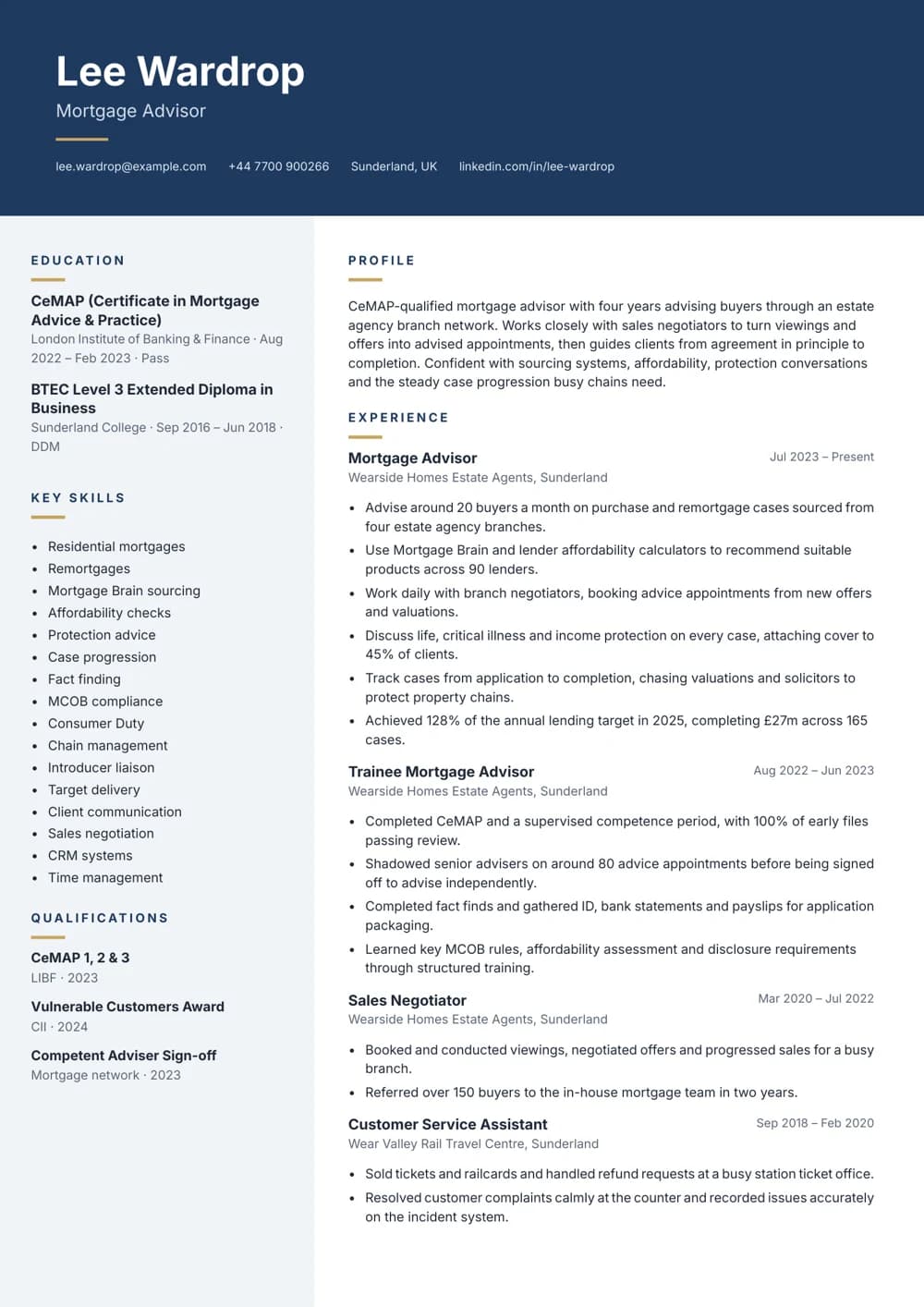 Estate Agency Mortgage Advisor CV template