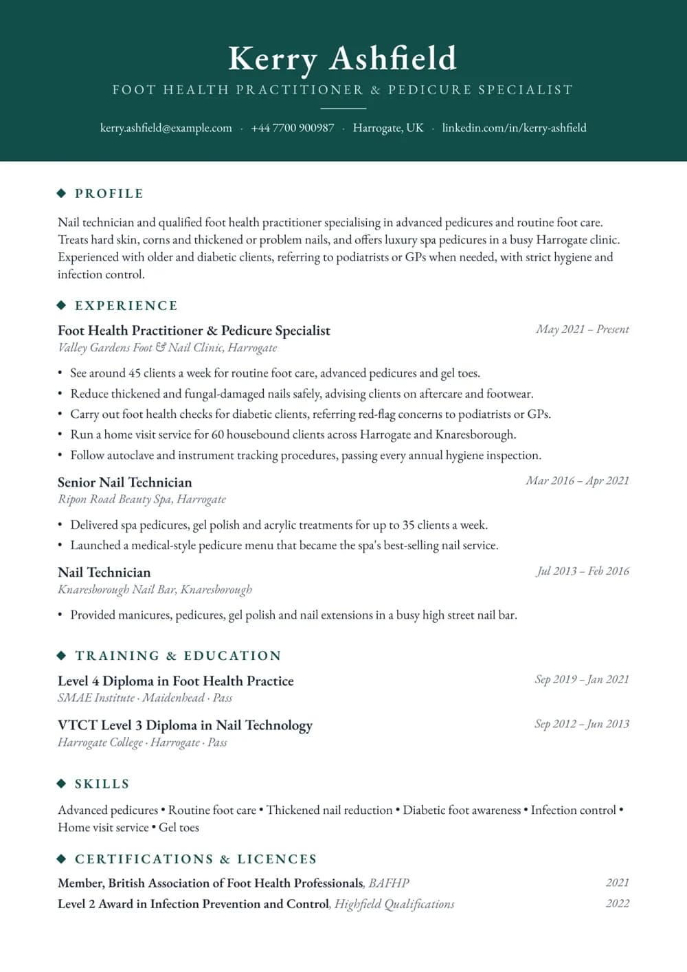 foot health & pedicure specialist cv template