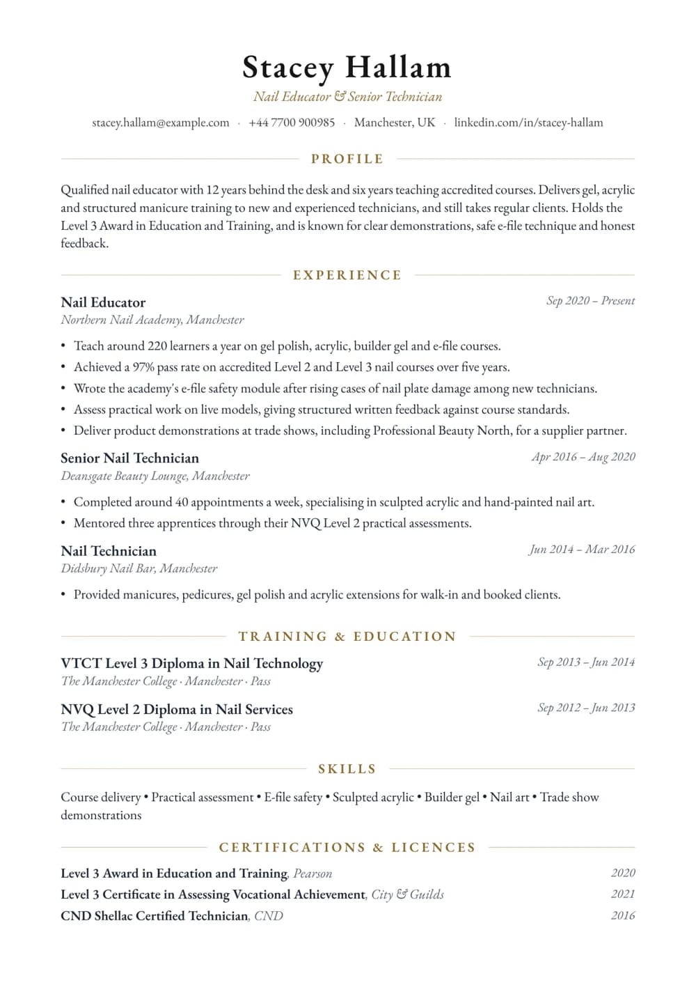 Nail Educator CV template