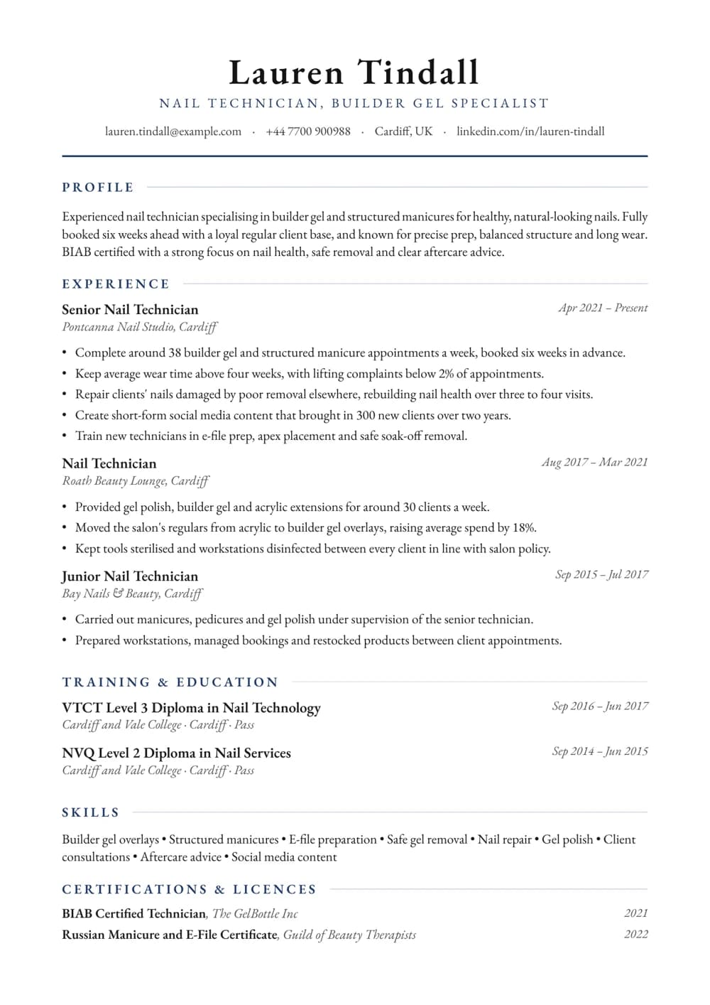 Builder Gel Specialist CV template
