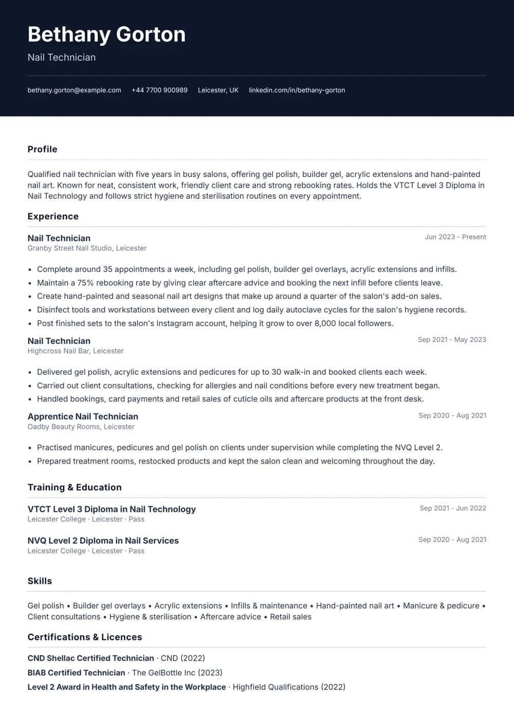 nail technician cv template