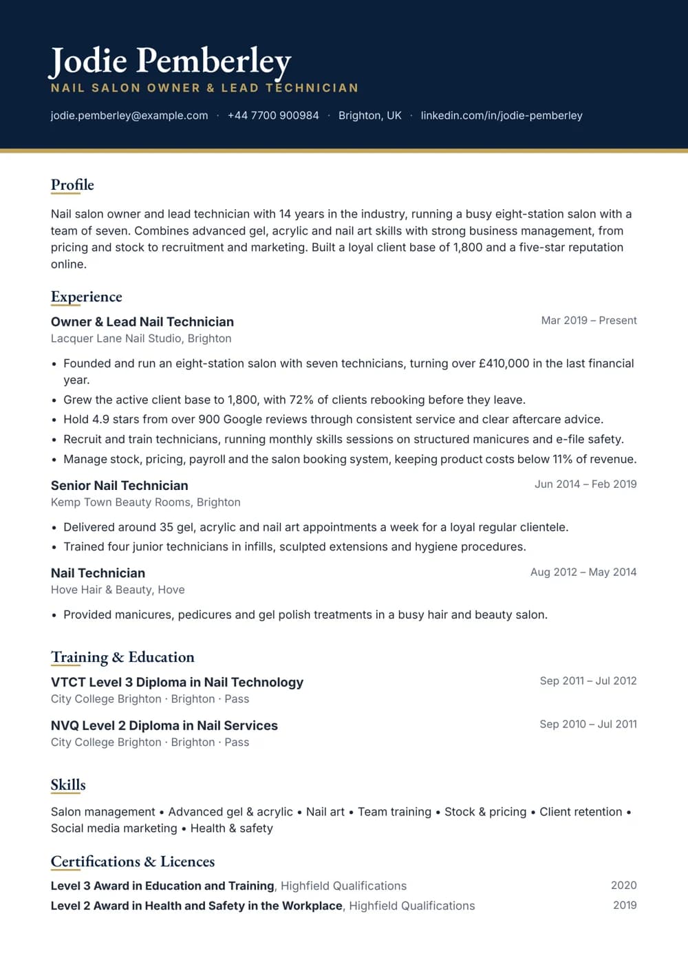 nail salon owner cv template