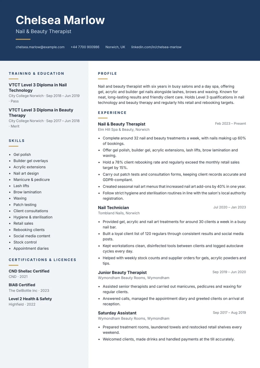 Nail & Beauty Therapist CV template
