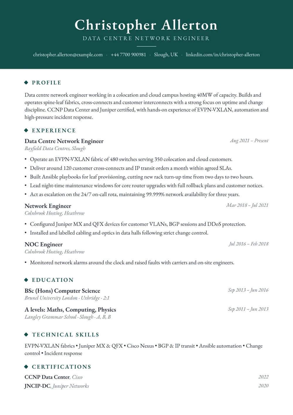 data centre network engineer cv template