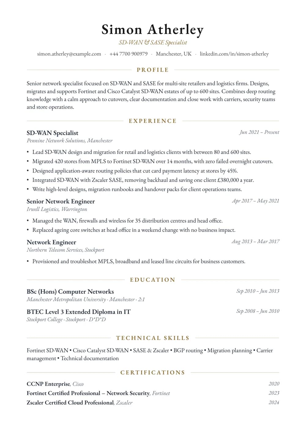 SD-WAN Specialist CV template