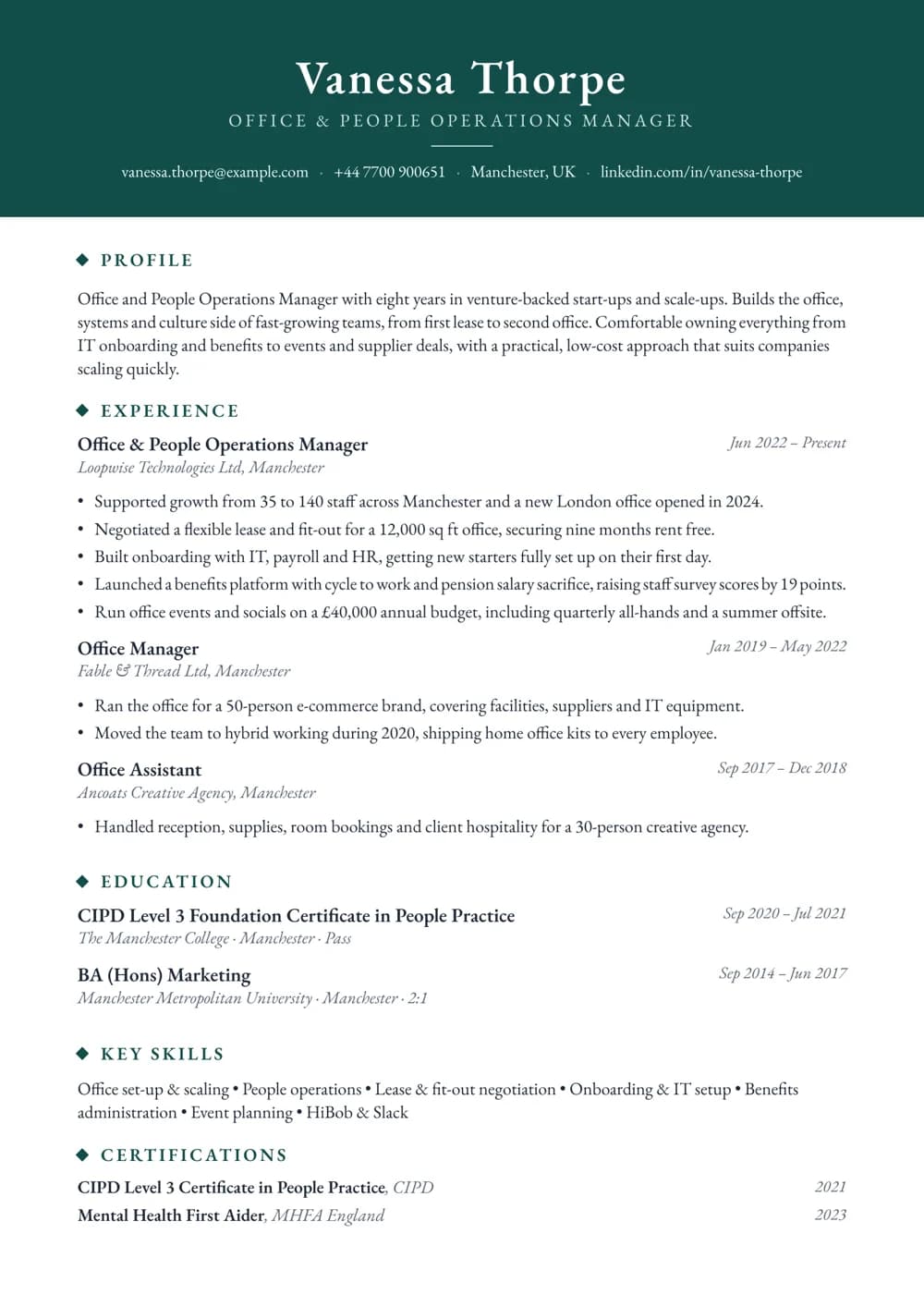 start-up office manager cv template