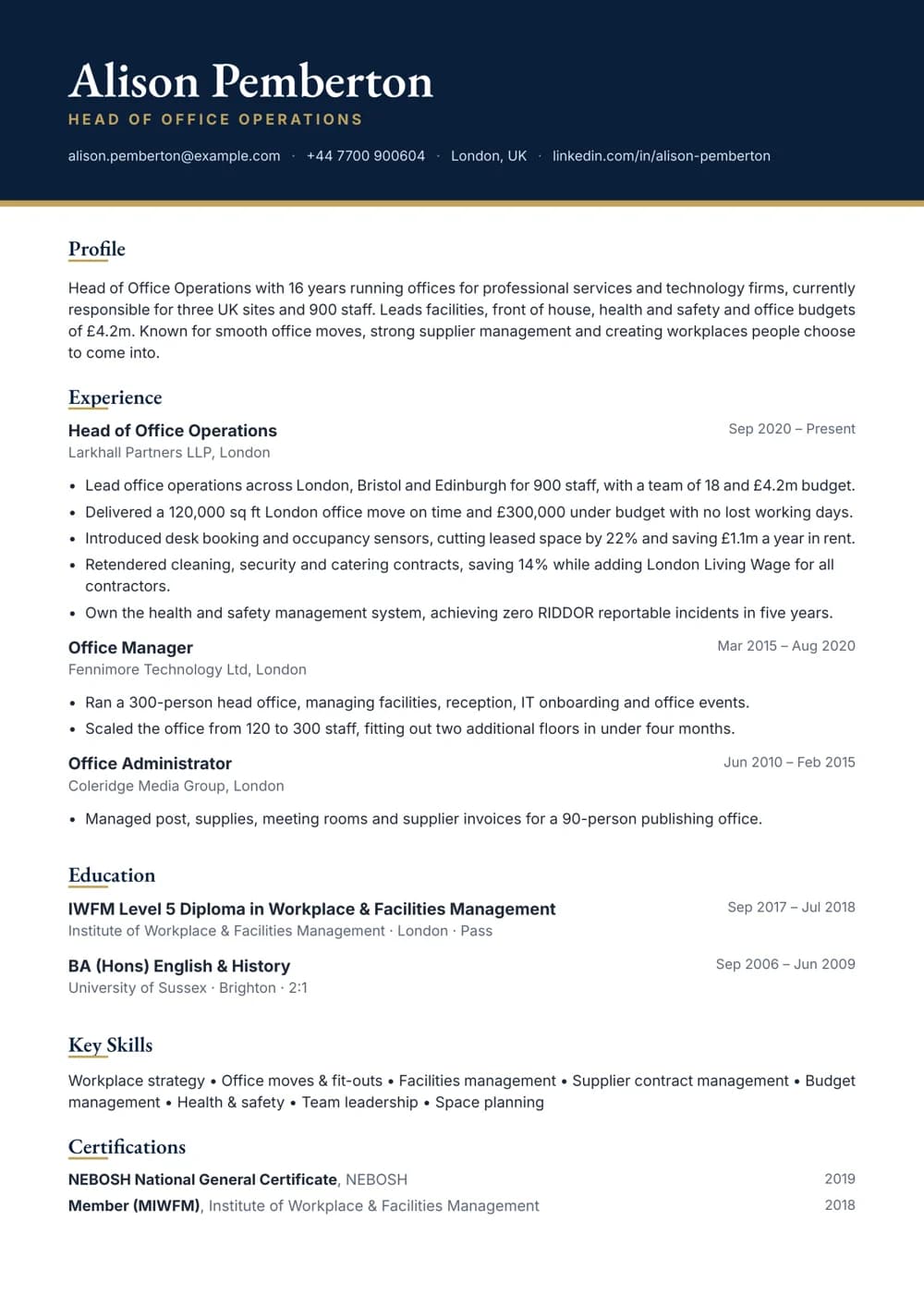 head of office operations cv template