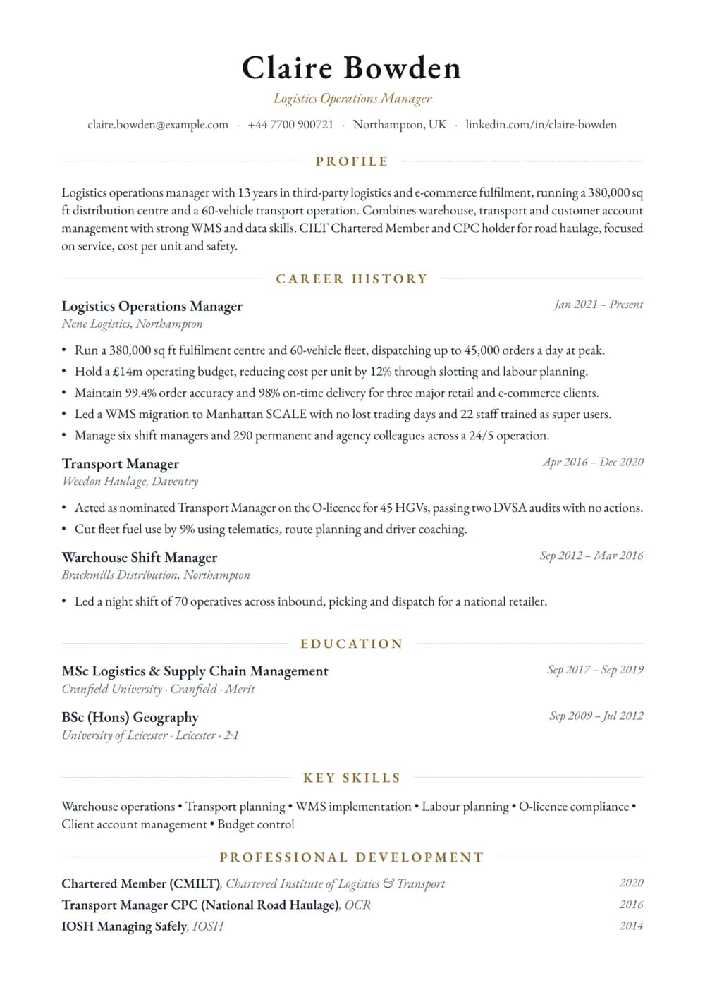 Logistics Operations Manager CV template