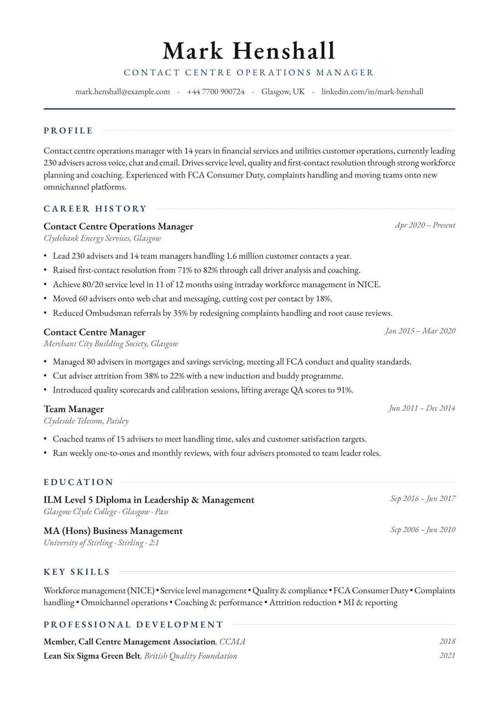 Contact Centre Operations Manager CV template