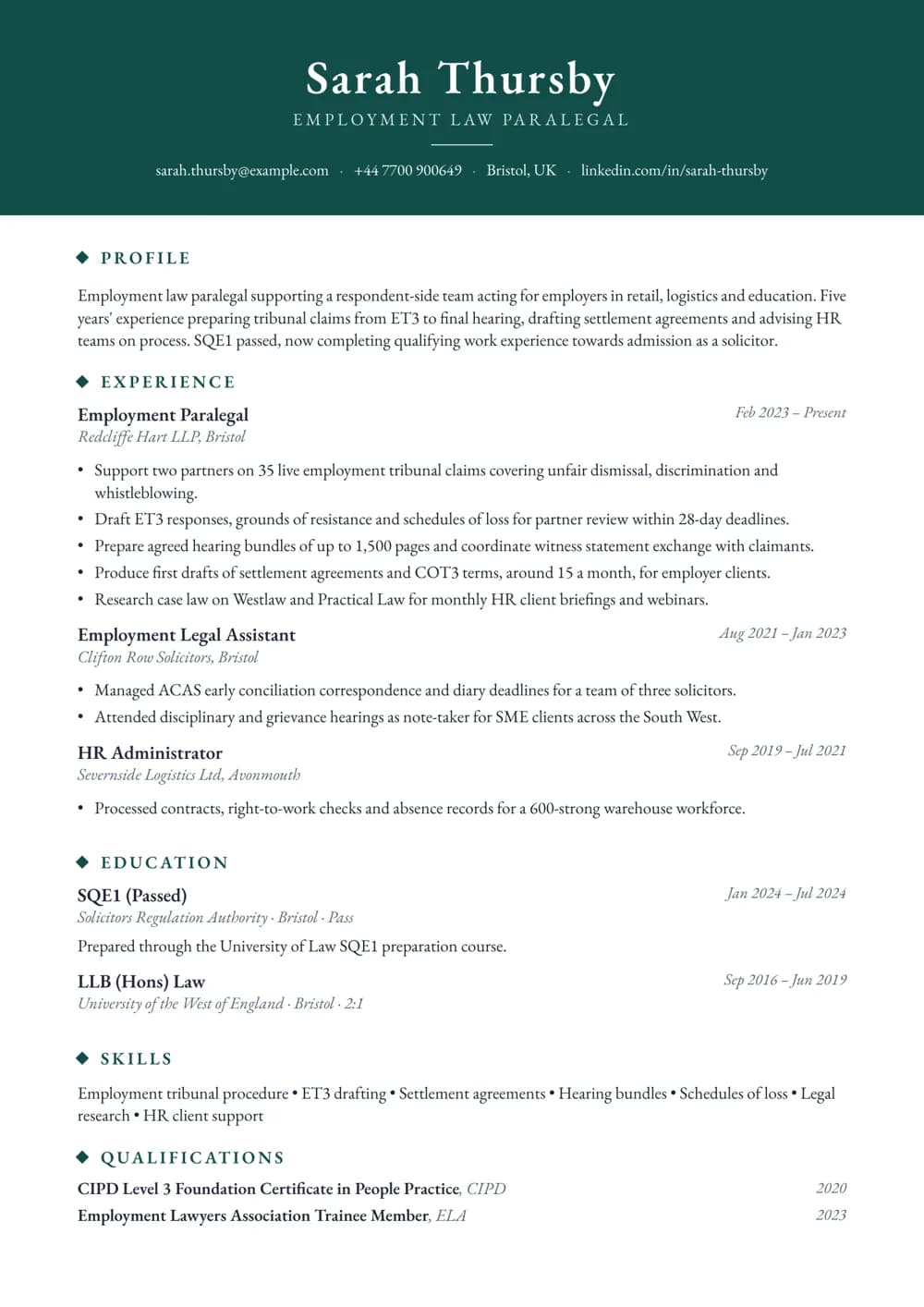 employment law paralegal cv template