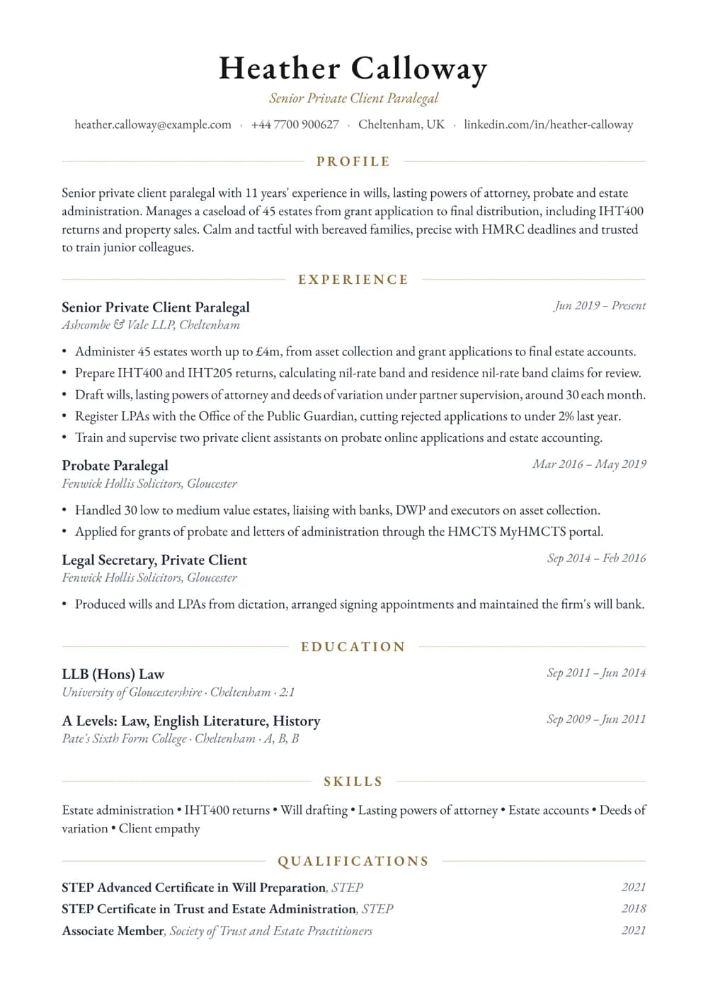 Private Client Paralegal CV template