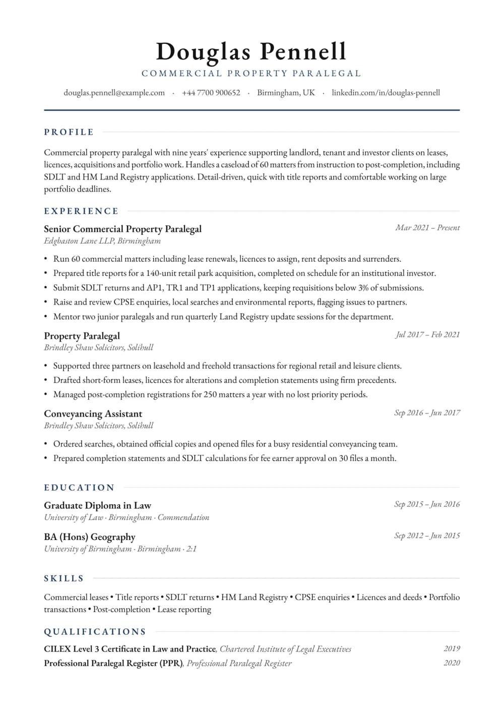 Commercial Property Paralegal CV template