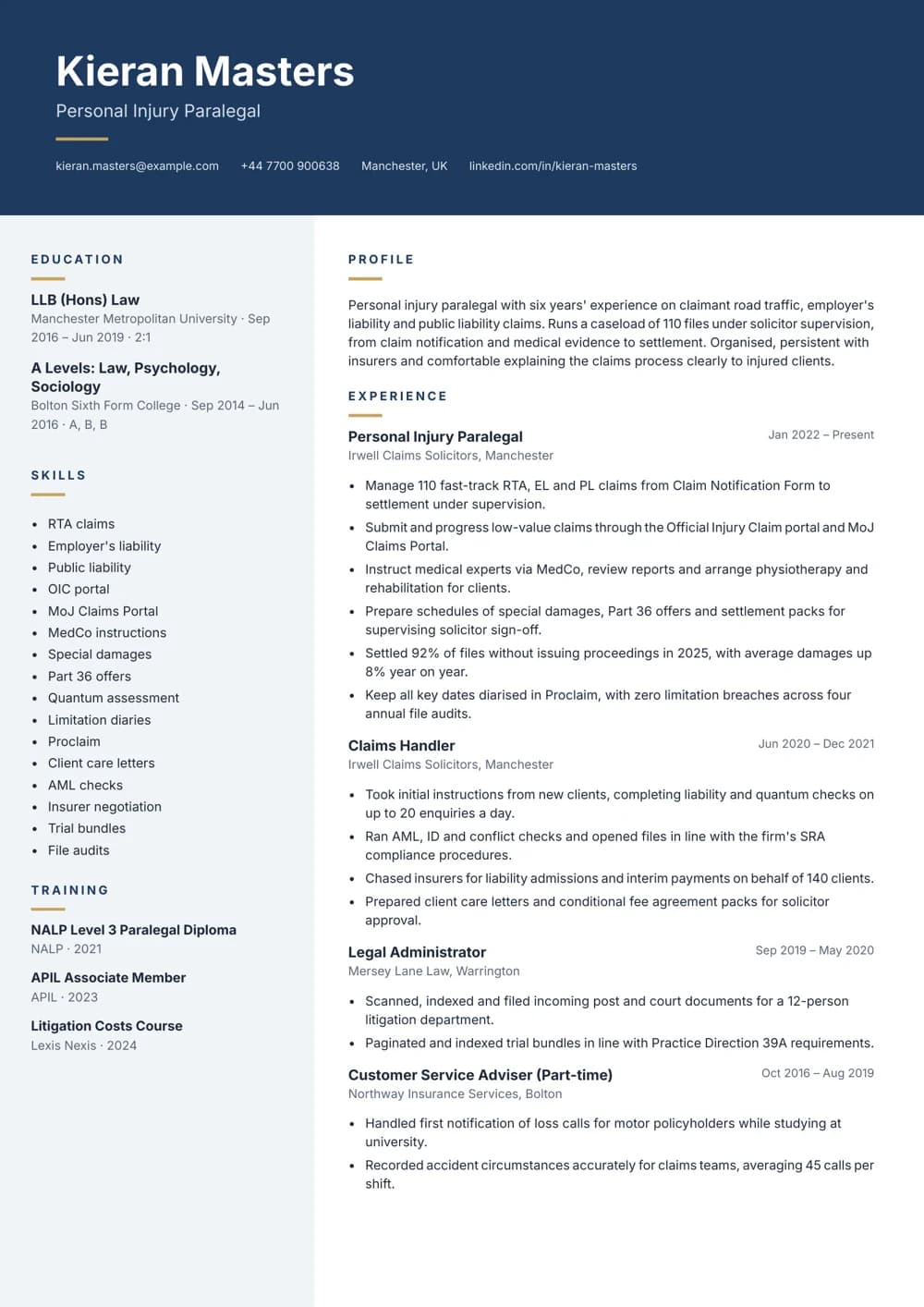 Personal Injury Paralegal CV template