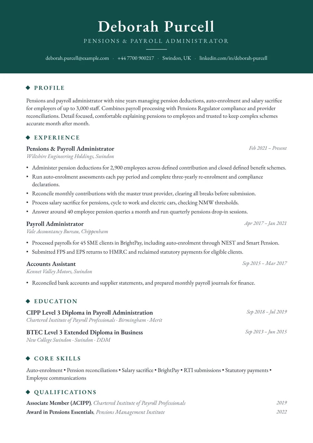 pensions & payroll administrator cv template