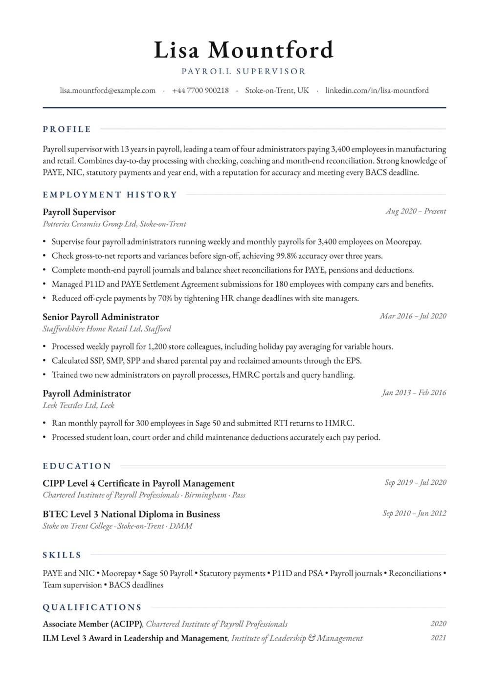 Payroll Supervisor CV template