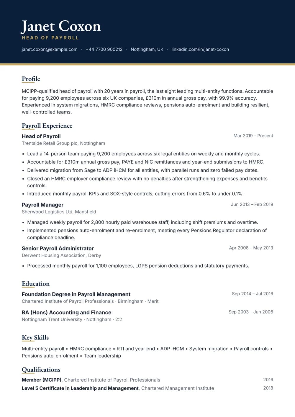 head of payroll cv template