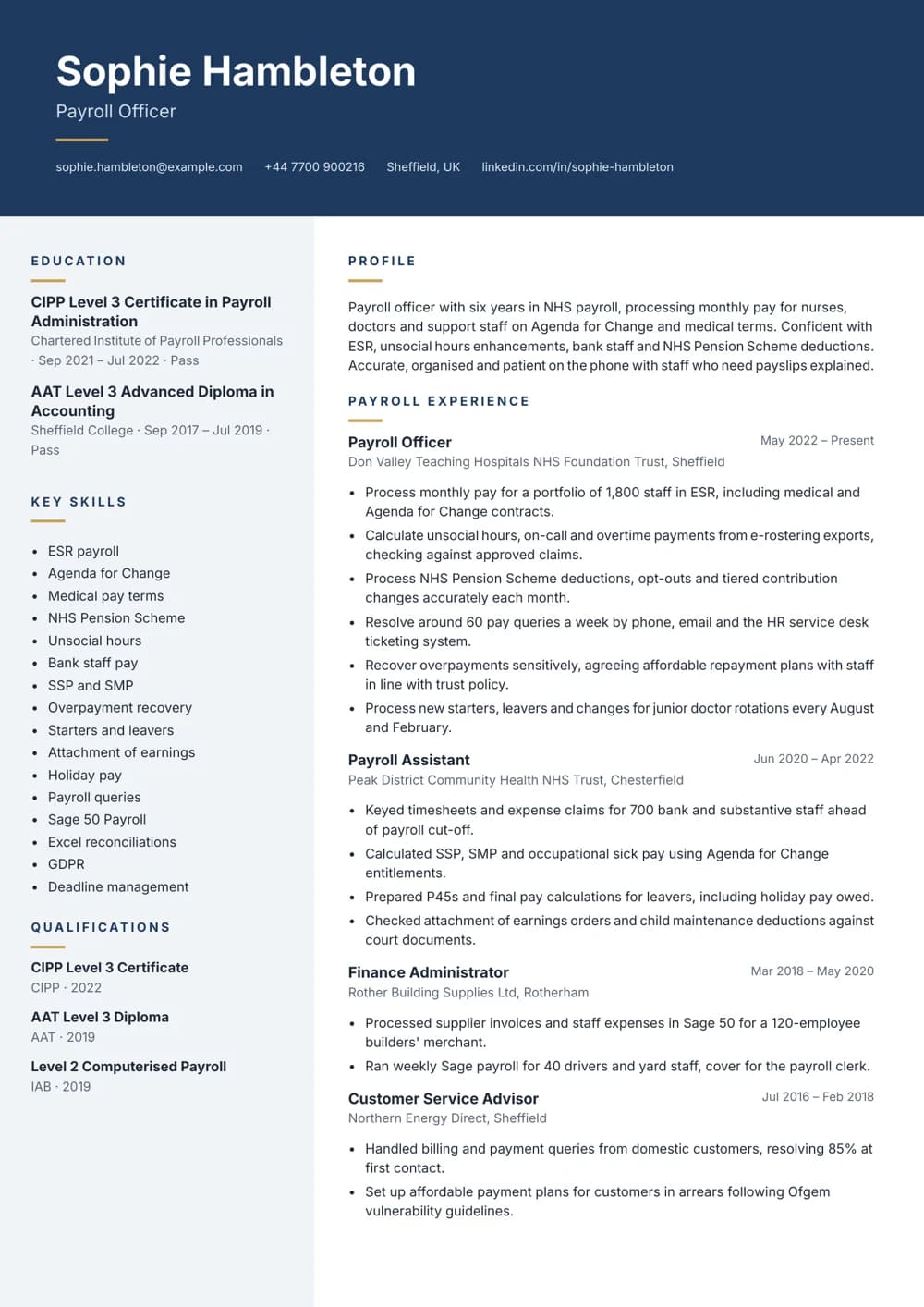NHS Payroll Officer CV template