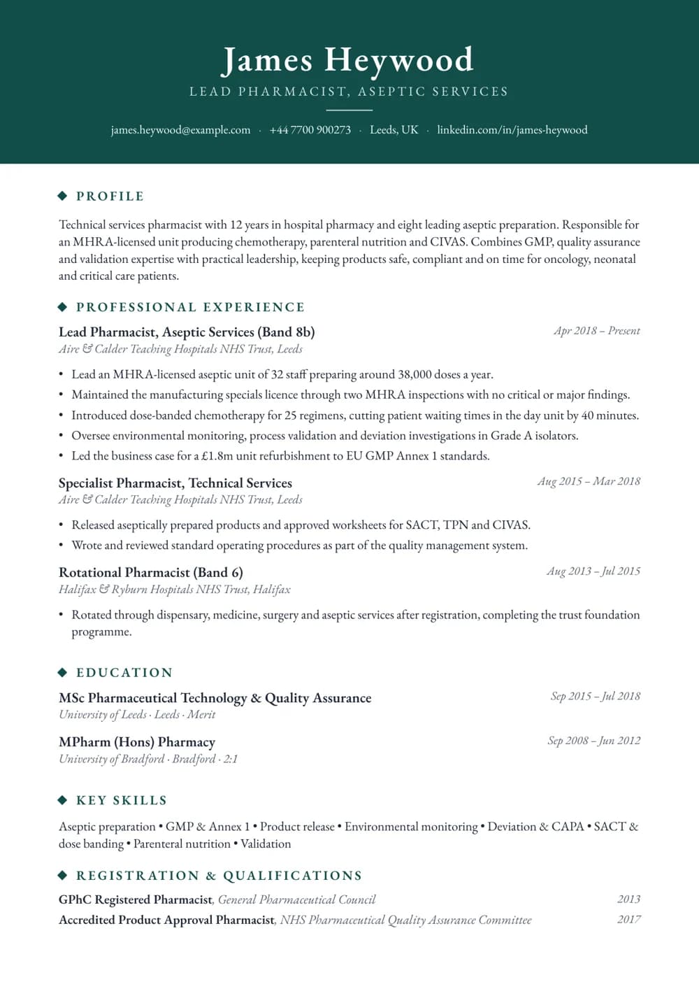 aseptic services pharmacist cv template