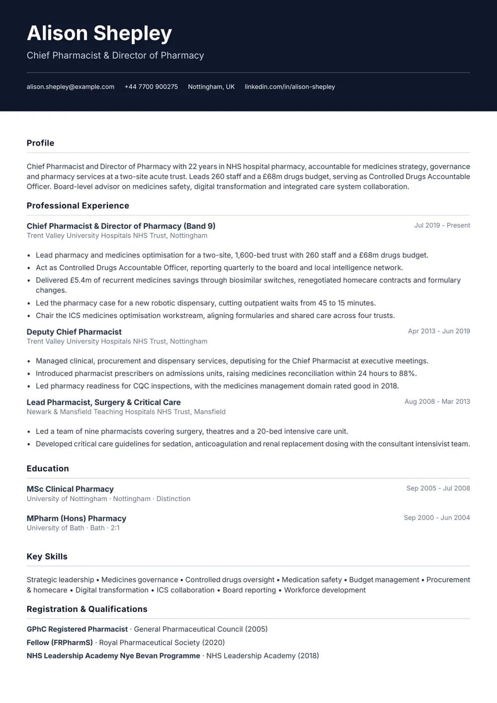 chief pharmacist / director cv template