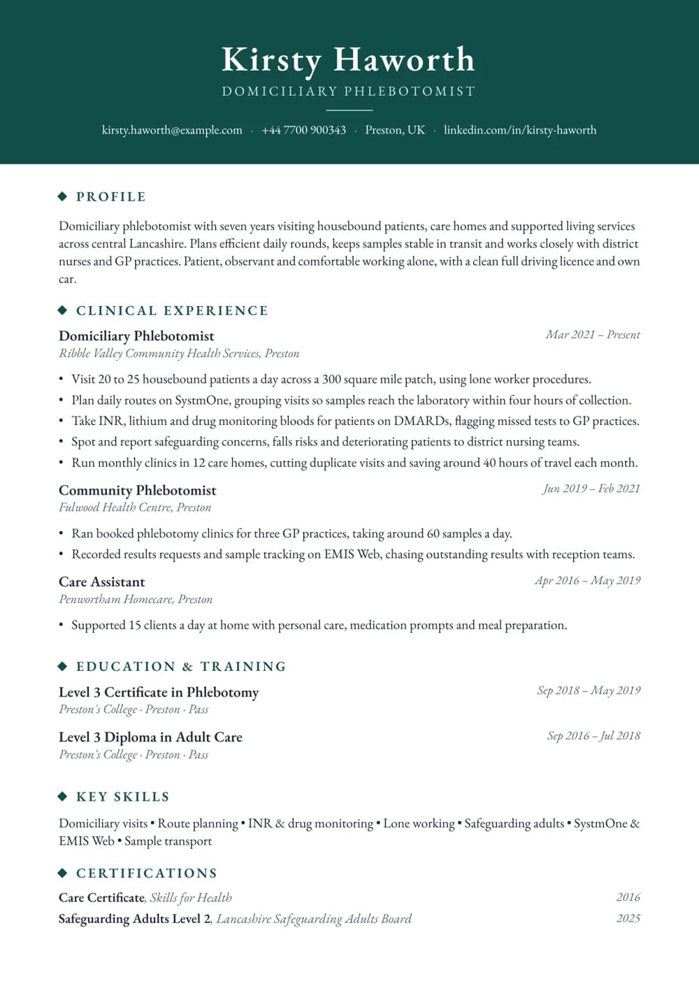 domiciliary phlebotomist cv template