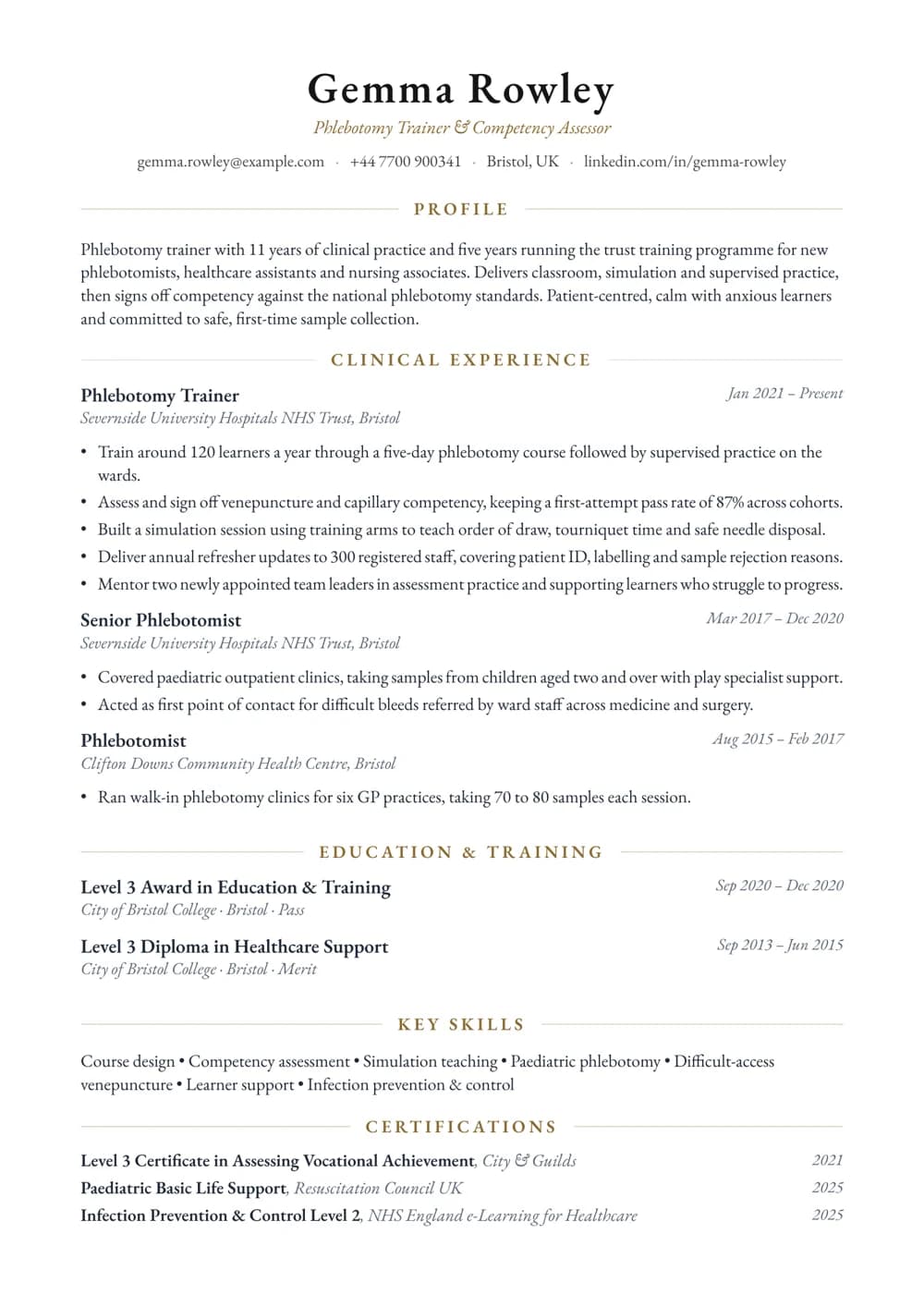 Phlebotomy Trainer CV template