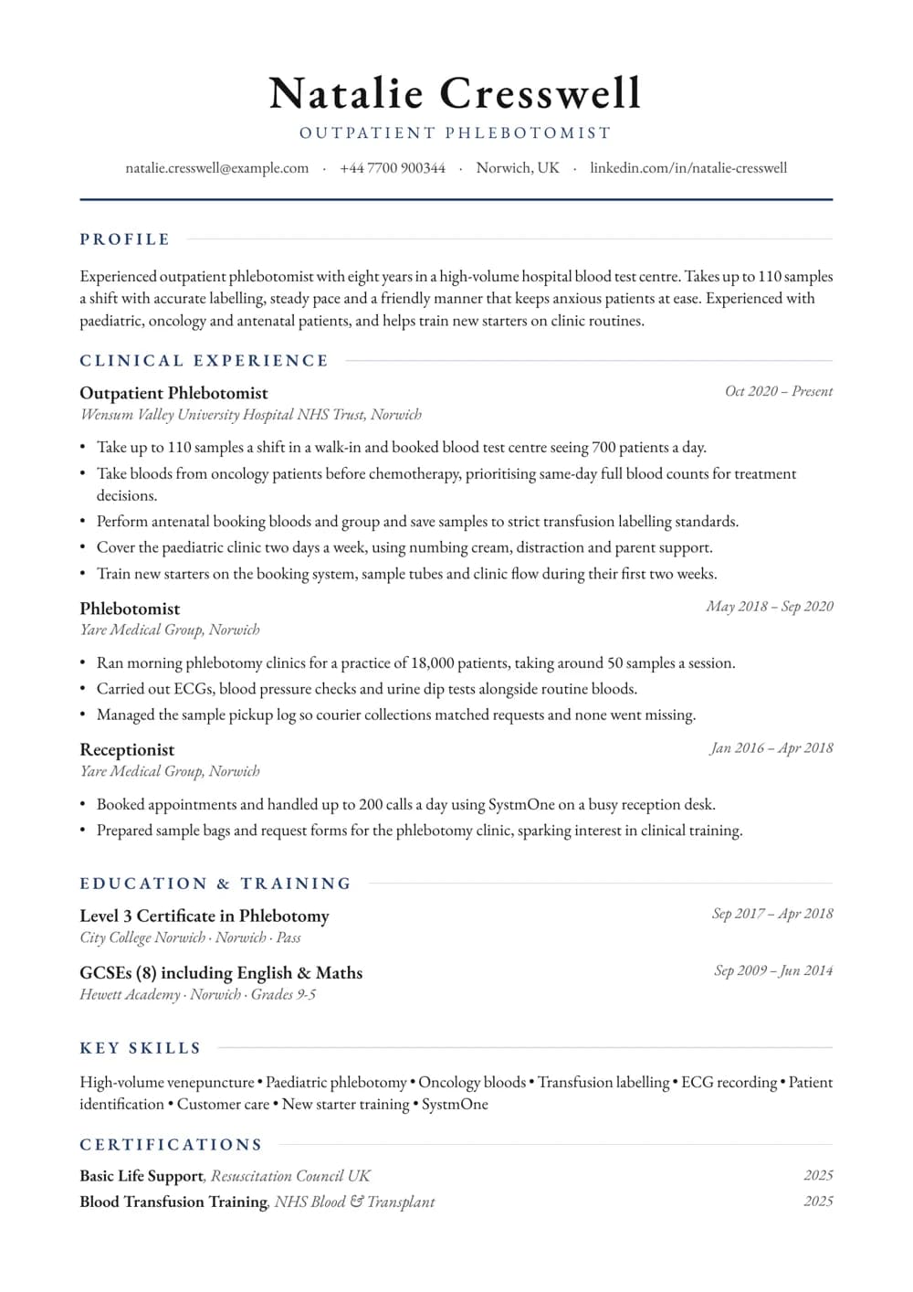 Outpatient Phlebotomist CV template