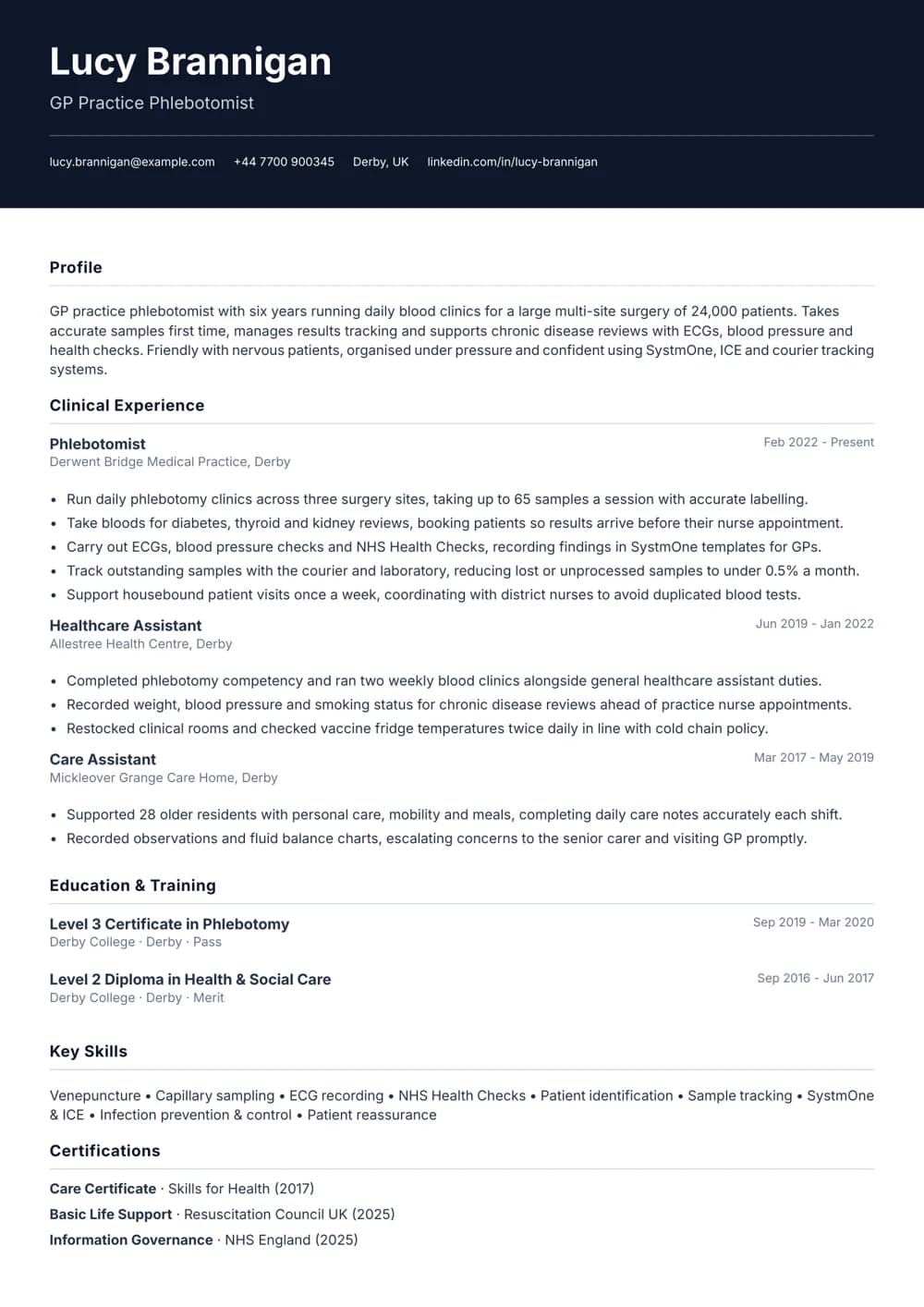 gp practice phlebotomist cv template