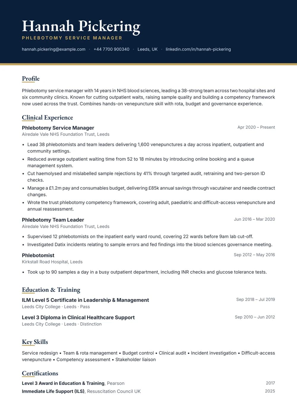 phlebotomy service manager cv template