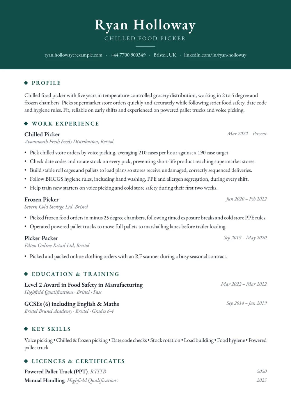 chilled food picker cv template