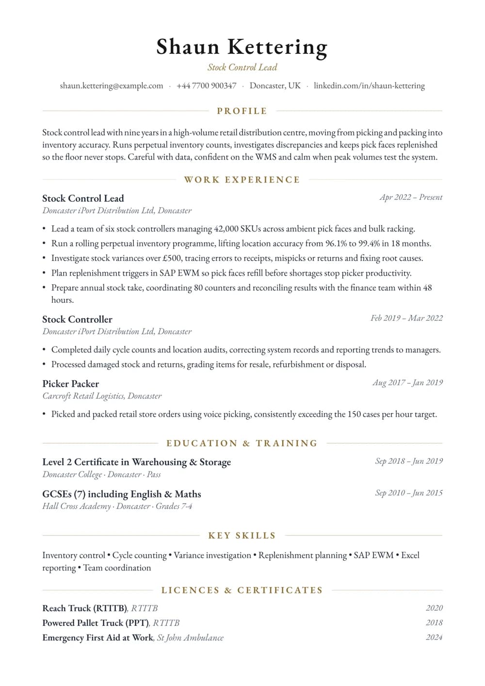 Stock Control Lead CV template