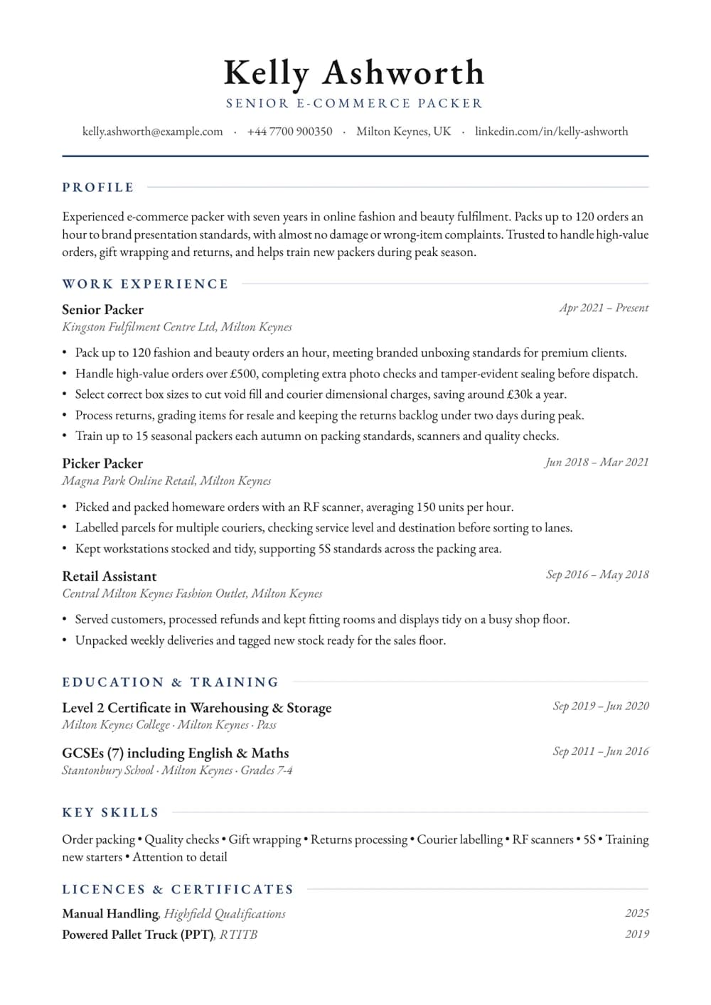E-commerce Packer CV template