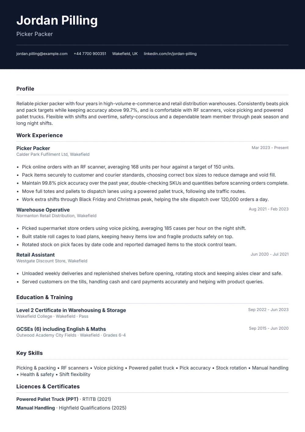 picker packer cv template