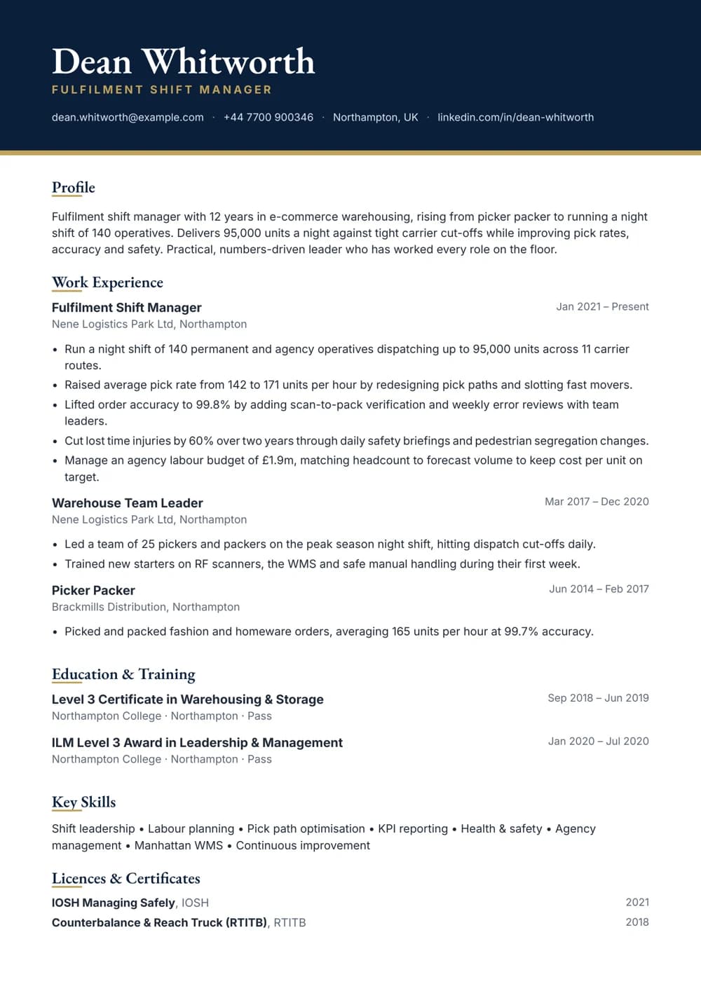 fulfilment shift manager cv template
