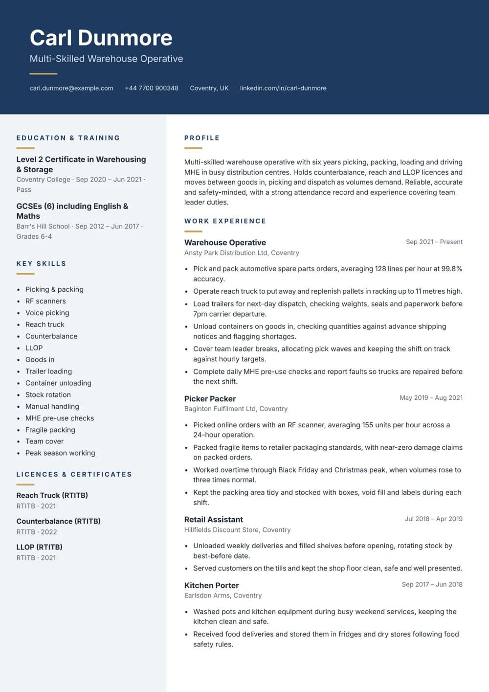 Multi-Skilled Warehouse Operative CV template