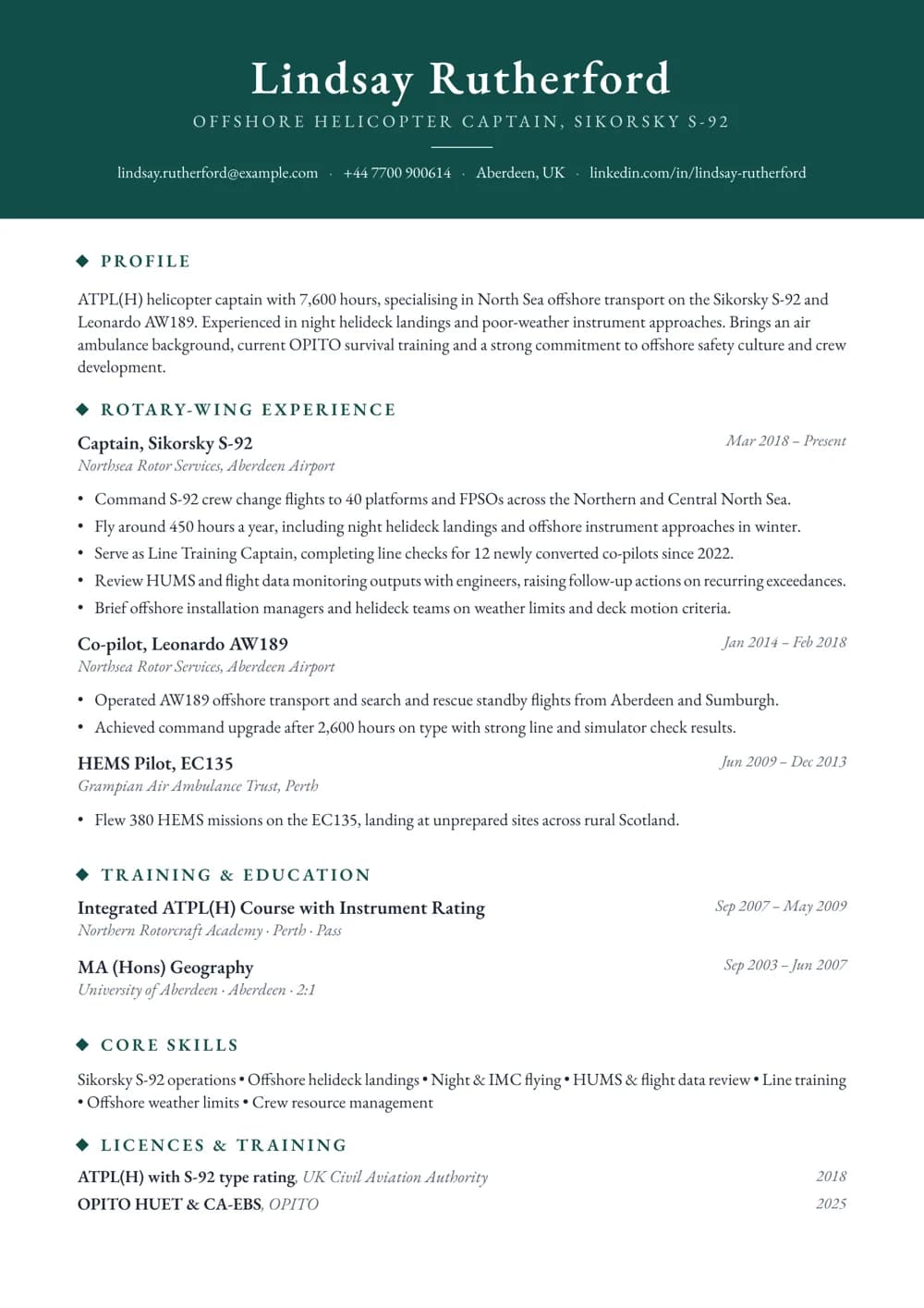 offshore helicopter captain cv template