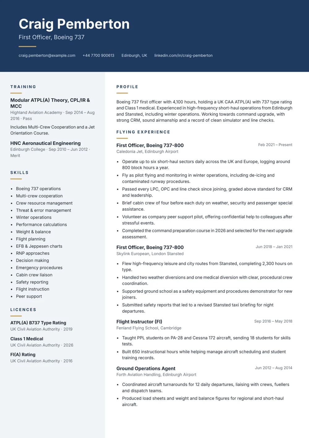 Short-Haul First Officer CV template