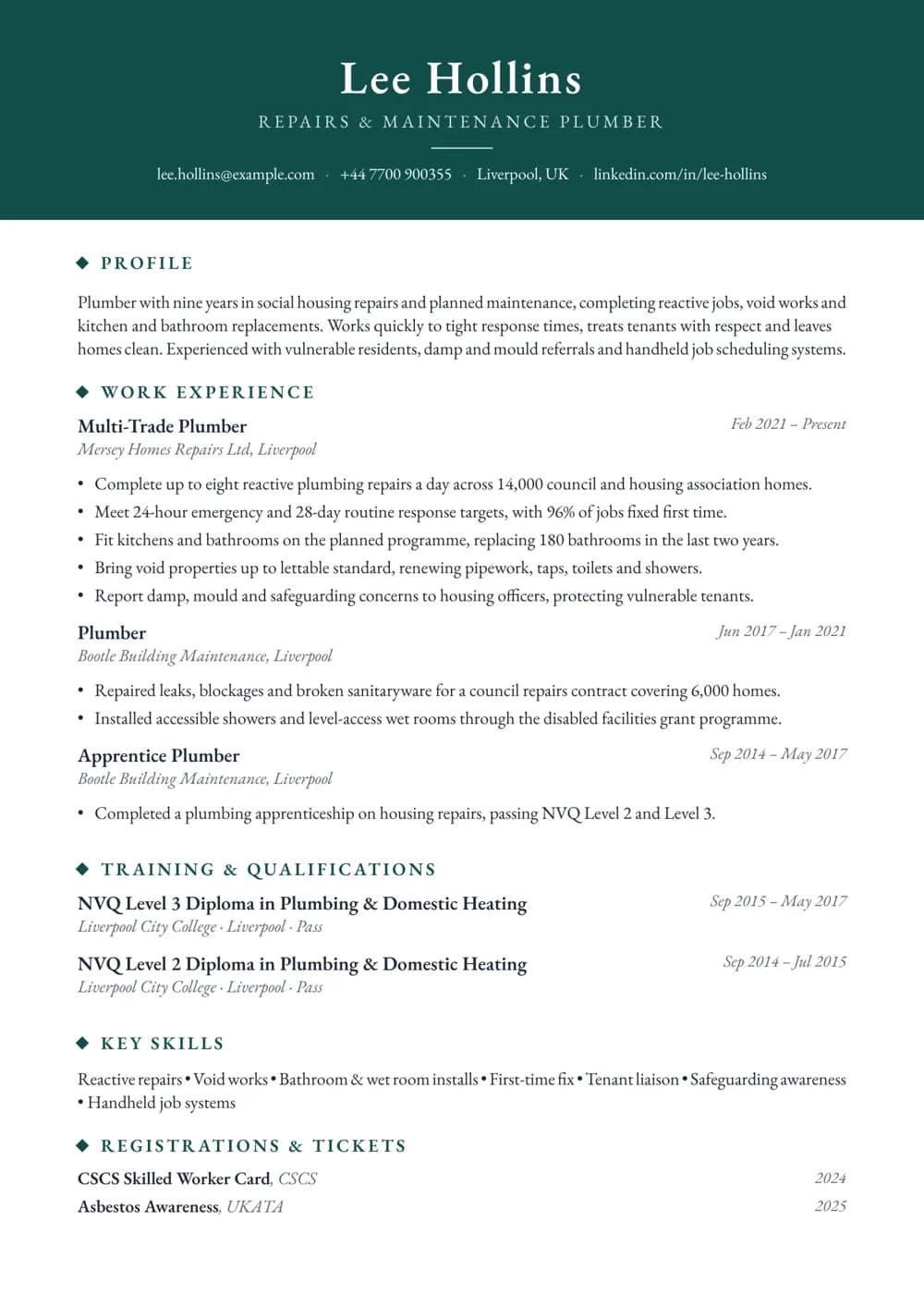 social housing plumber cv template