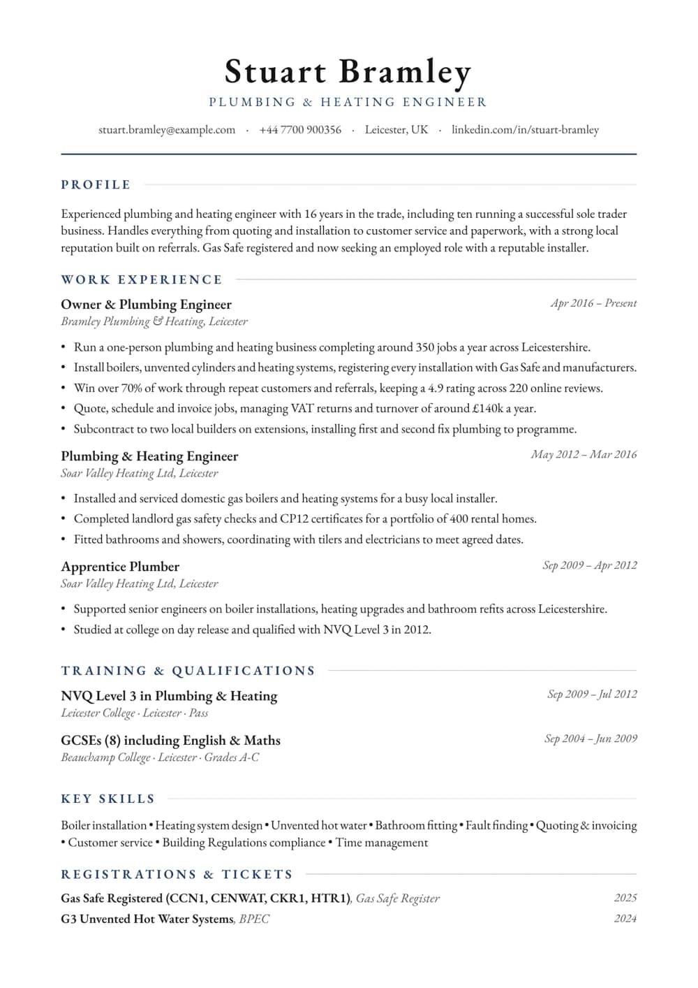 Self-Employed Plumber CV template