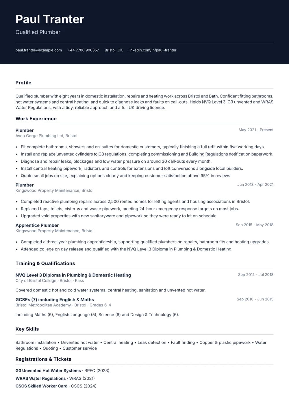 plumber cv template