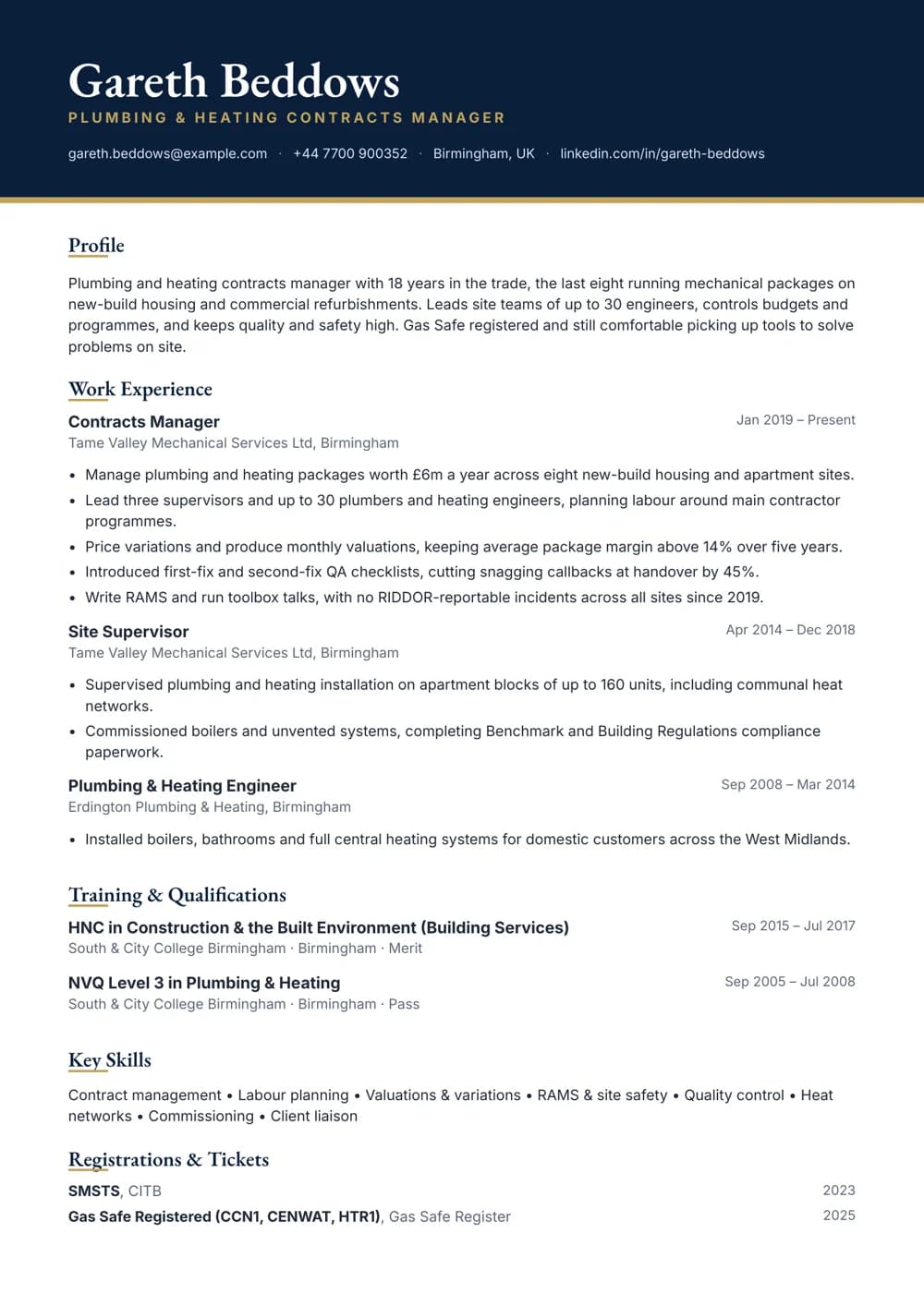 plumbing contracts manager cv template