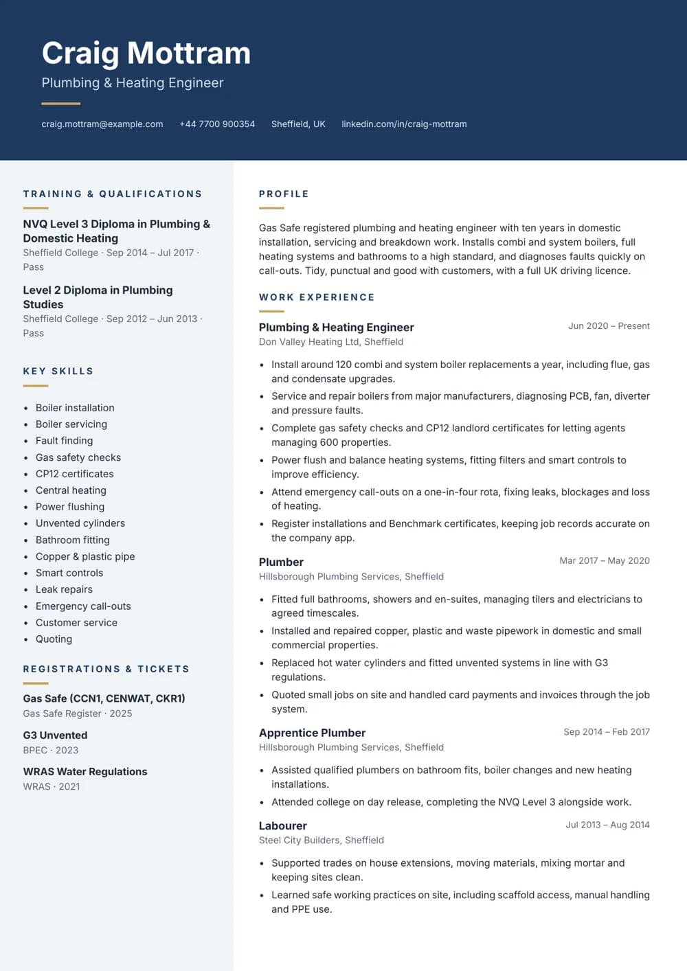 Plumbing & Heating Engineer CV template