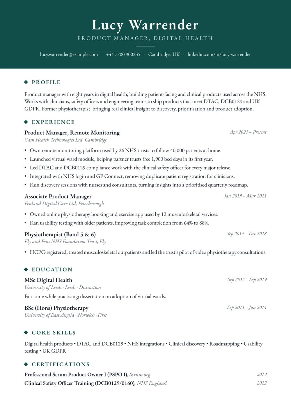 digital health product manager cv template