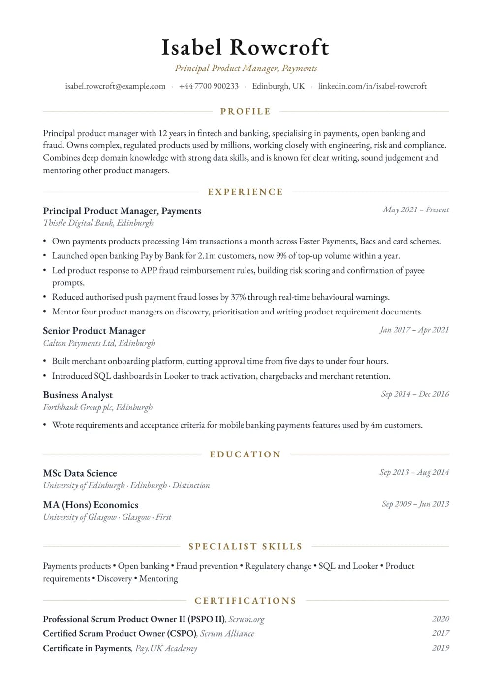 Principal Product Manager CV template