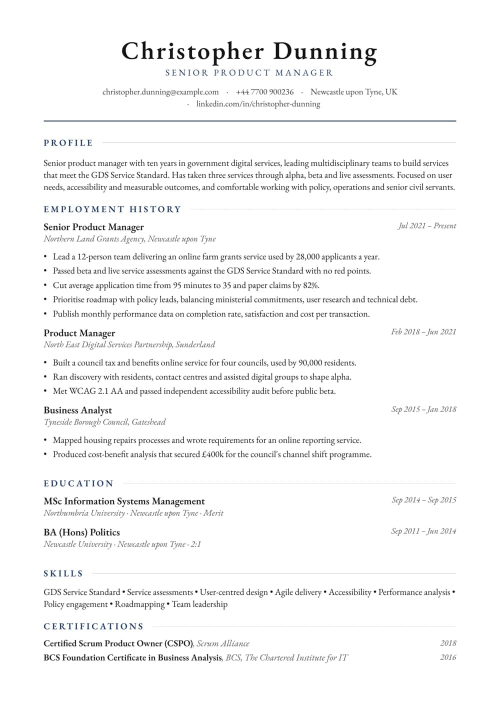 Public Sector Product Manager CV template