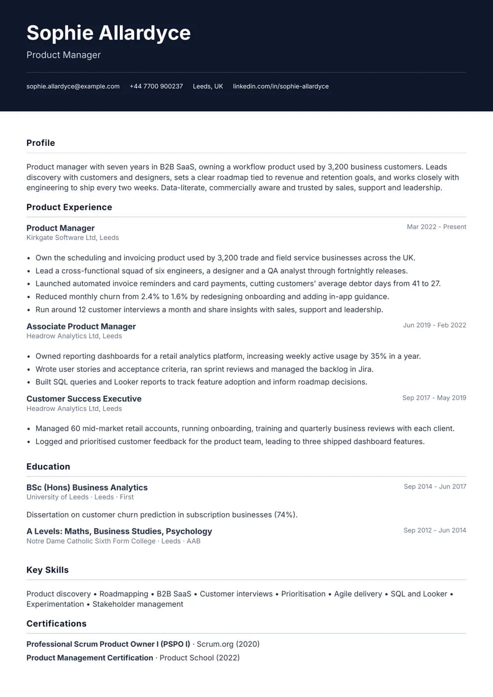 product manager cv template
