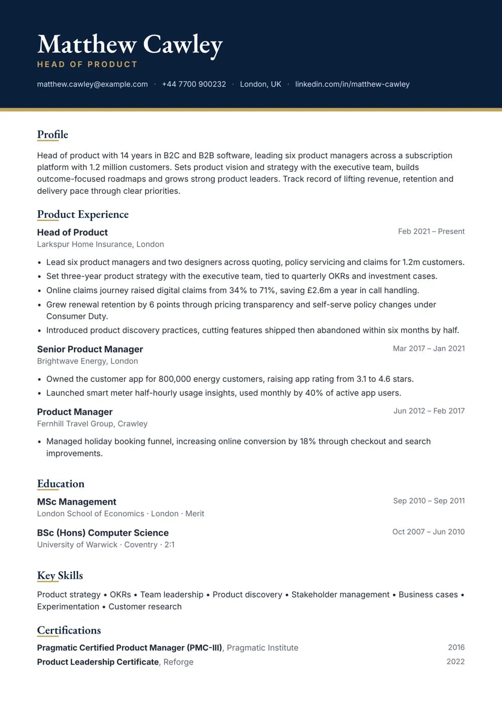 head of product cv template
