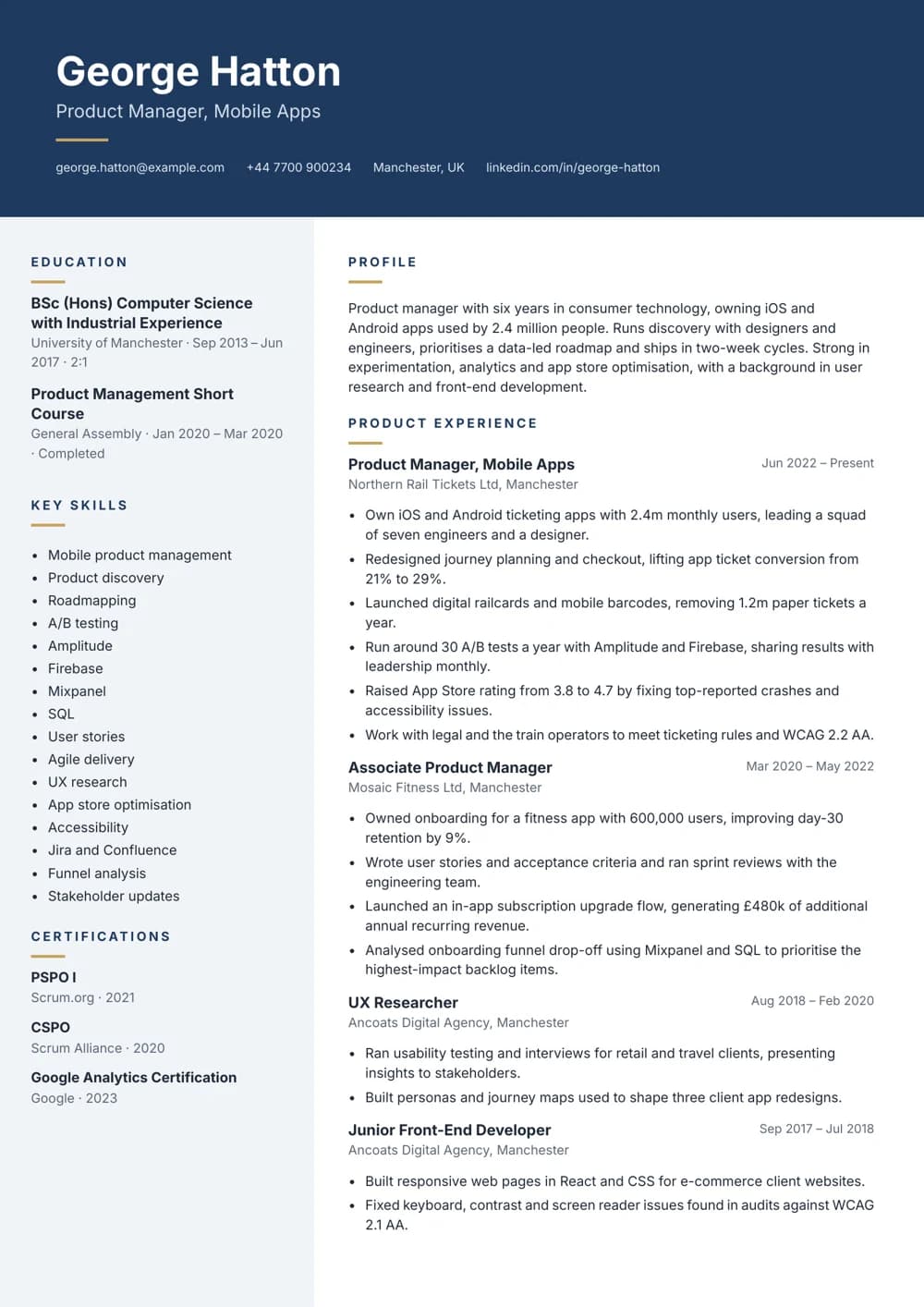Mobile Product Manager CV template