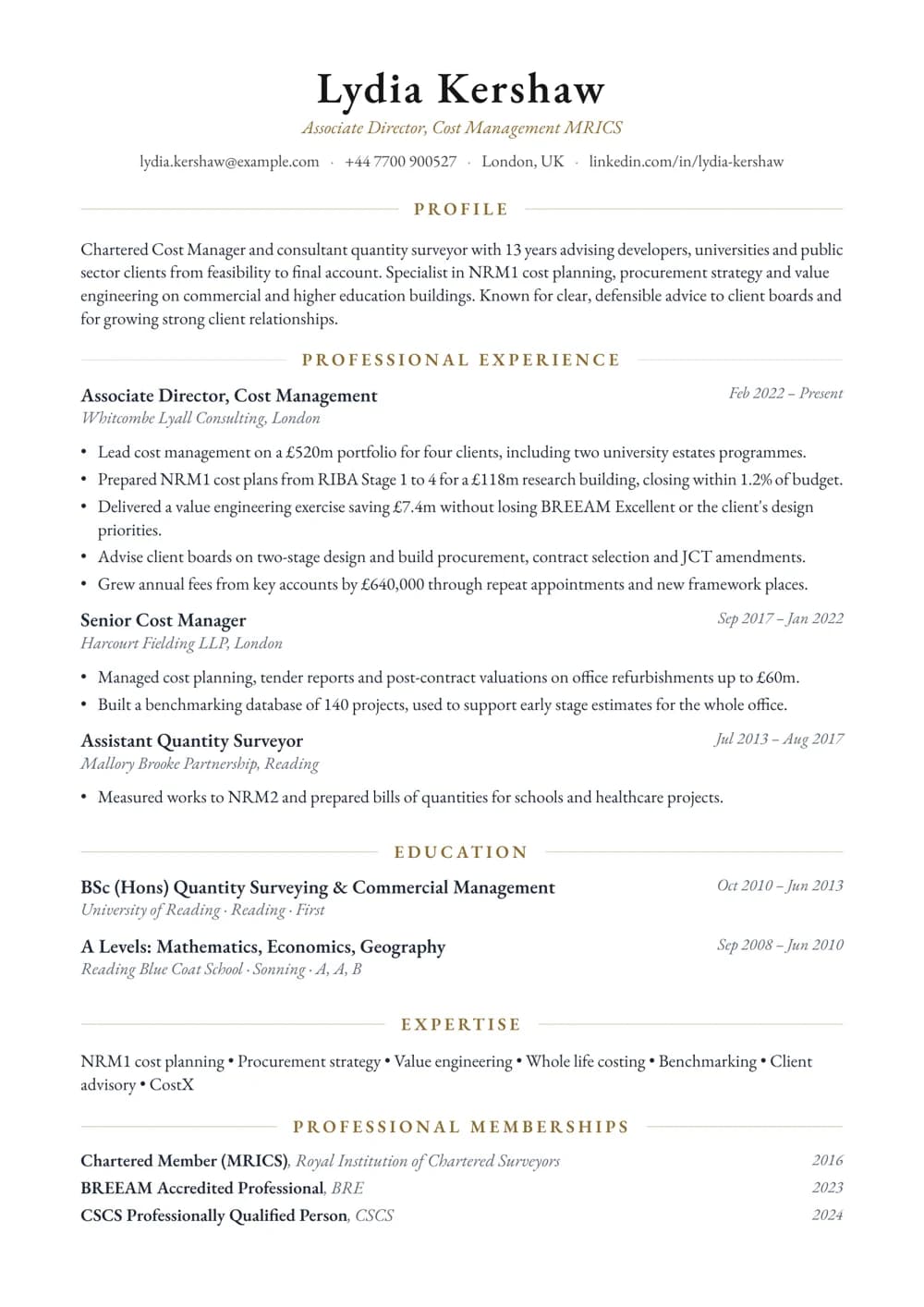 Chartered Cost Manager CV template